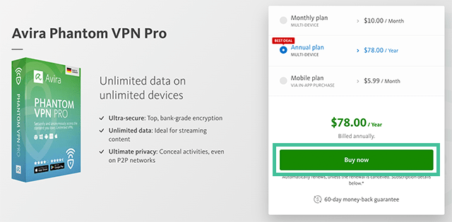 Screenshot of Avira Phantom VPN, Subscription page