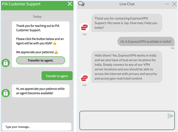 Screenshot showing live chat samples of ExpressVPN and PIA customer support 