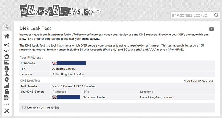 Screenshot of PIA, DNS leak test, June 2023