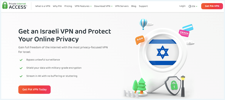 Image of the Israel localised homepage for PIA VPN