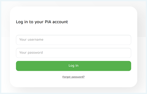 PIA log in to your account window