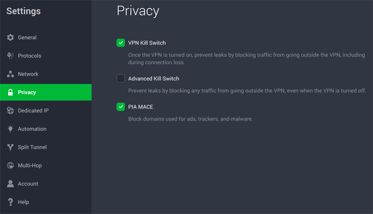 Screenshot showing the PIA MACE option in the PIA VPN app