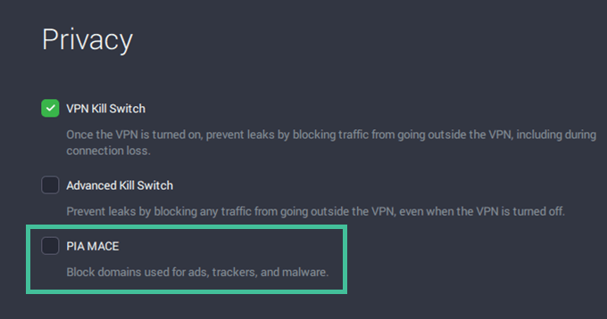 Screenshot of PIA, Privacy settings, MACE