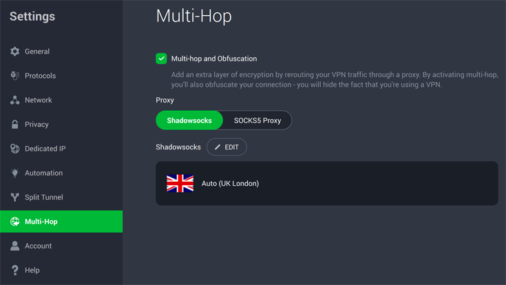 Screenshot showing the multi-hop option in the PIA VPN app