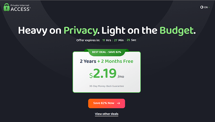 Private Internet Access homepage showing the current deal that gets you 82% off.