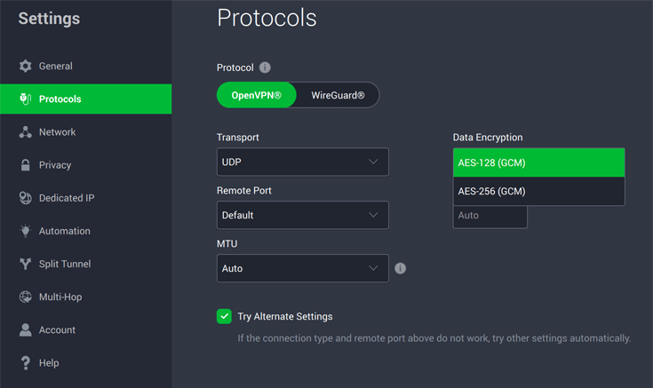 Screenshot showing VPN protocols available in the PIA desktop app