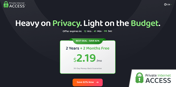 A screenshot of the PIA homepage showing the current VPN deal.