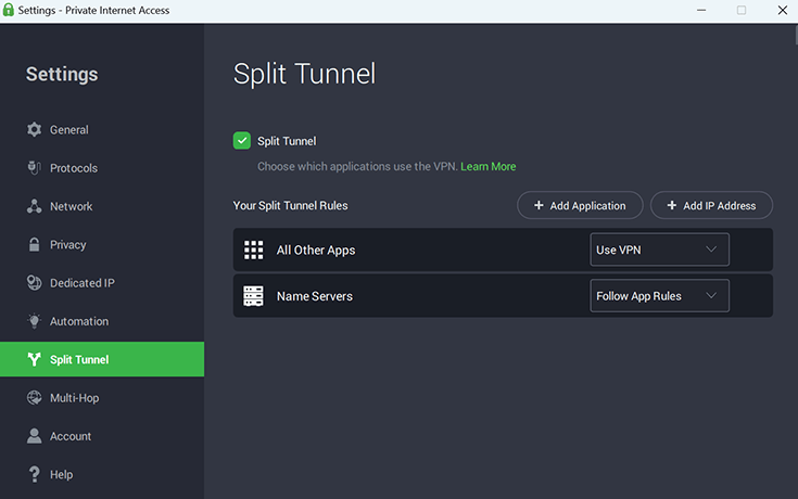 Split Tunnel settings, Private Internet Access