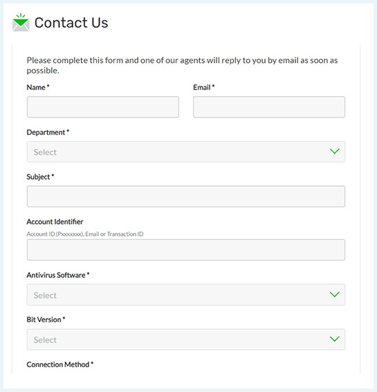 Screenshot of PIA, ticket form