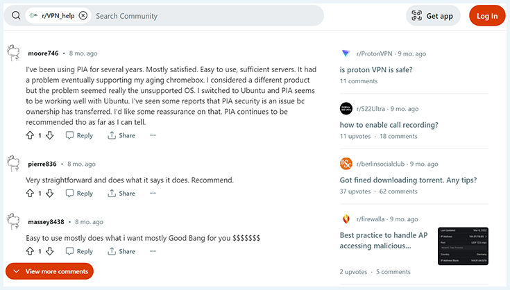 Screenshot of Reddit, PIA ubuntu