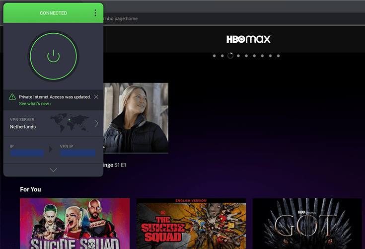 A screenshot of HBO Max, with Private Internet Access in the foreground, unblocking it.