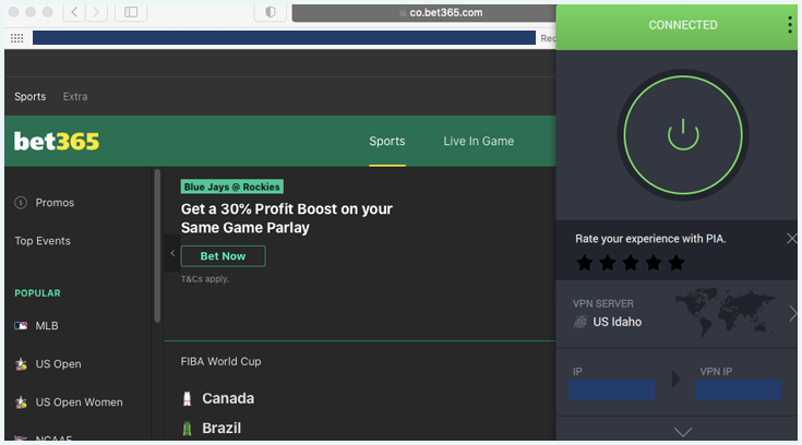 Image shows PIA VPN unblocking the Bet365 website in the United States