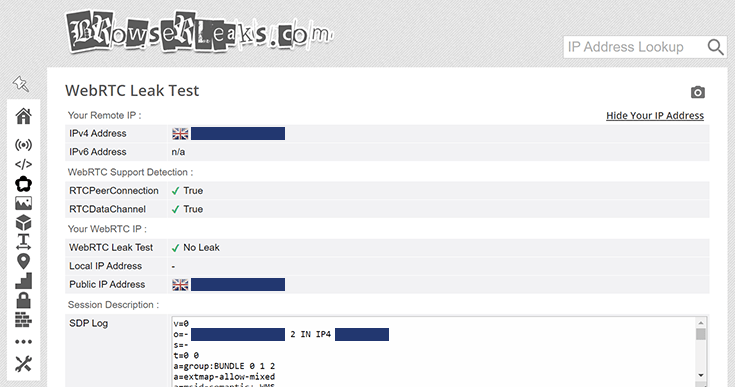 Screenshot of PIA, WebRTC leak, June 2023