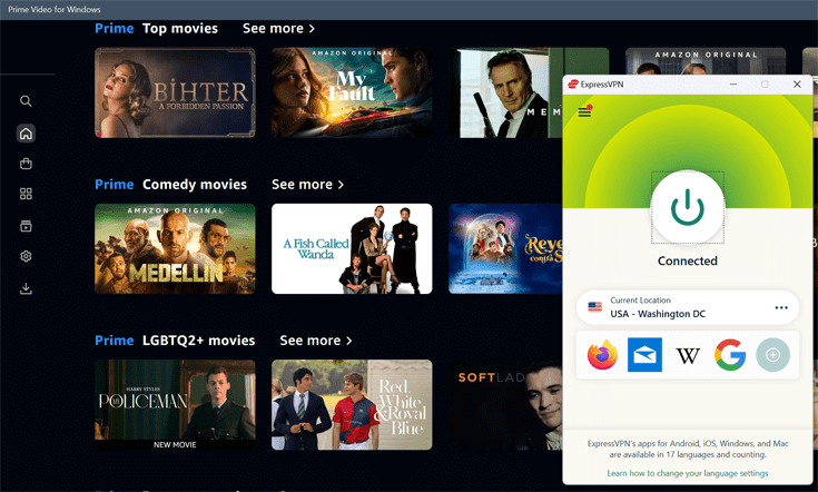 A screenshot of the Amazon Prime homepage in the background with the ExpressVPN client in the foreground.