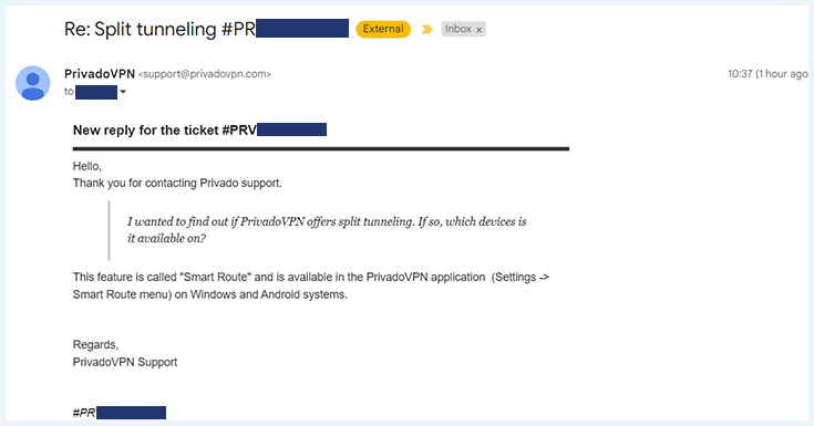 A screenshot of the response from PrivadoVPN's customer support