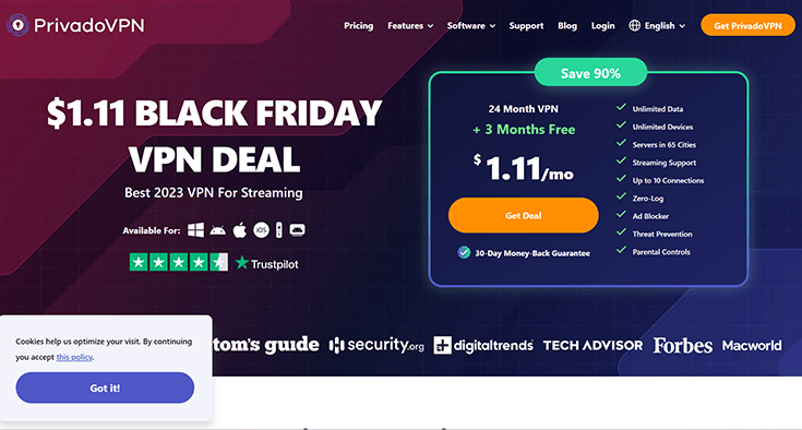 A screenshot of the PrivadoVPN Black Friday VPN deal.