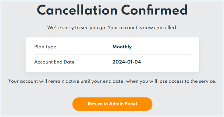 A screenshot of the confirmation of our account cancellation by PrivadoVPN