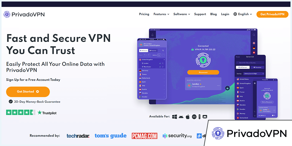 Screenshot of PrivadoVPN homepage