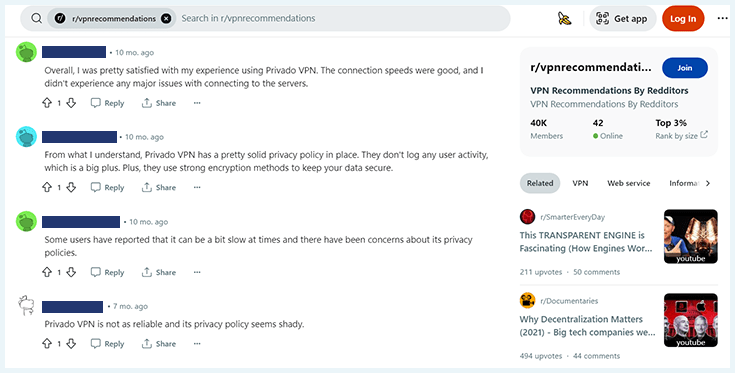 A screenshot of comments about PrivadoVPN from Reddit users