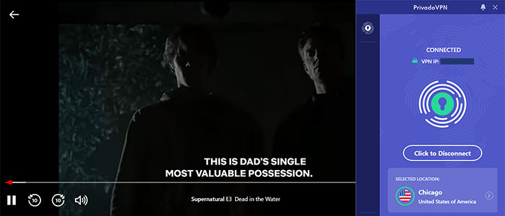A screenshot of watching Netflix US with PrivadoVPN's Chicago server