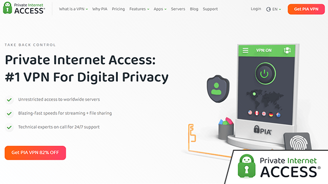 Screenshot of Private Internet Access VPN provider homepage with added logo in the corner