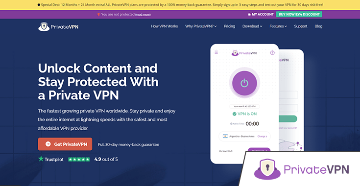 Screenshot of PrivateVPN website homepage