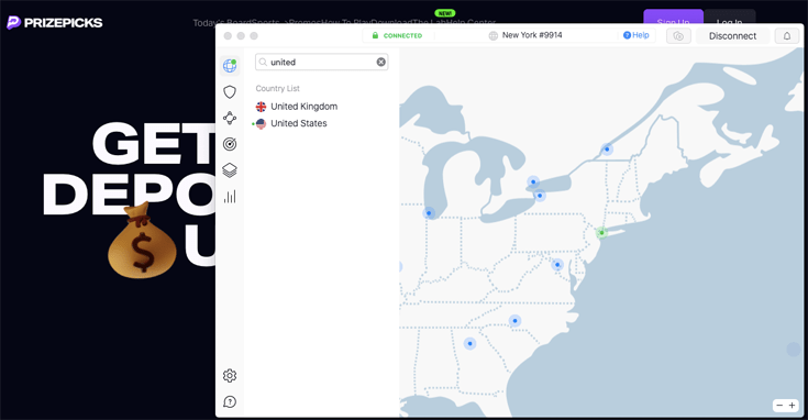 Image shows NordVPN unblocking the PrizePicks website