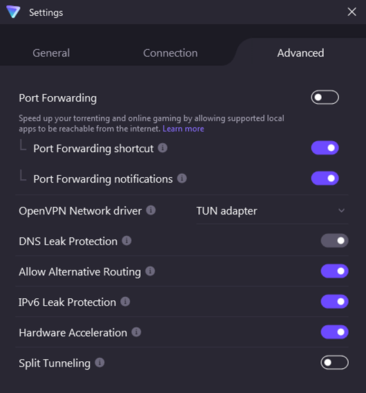 Screenshot of Proton VPN, advanced settings