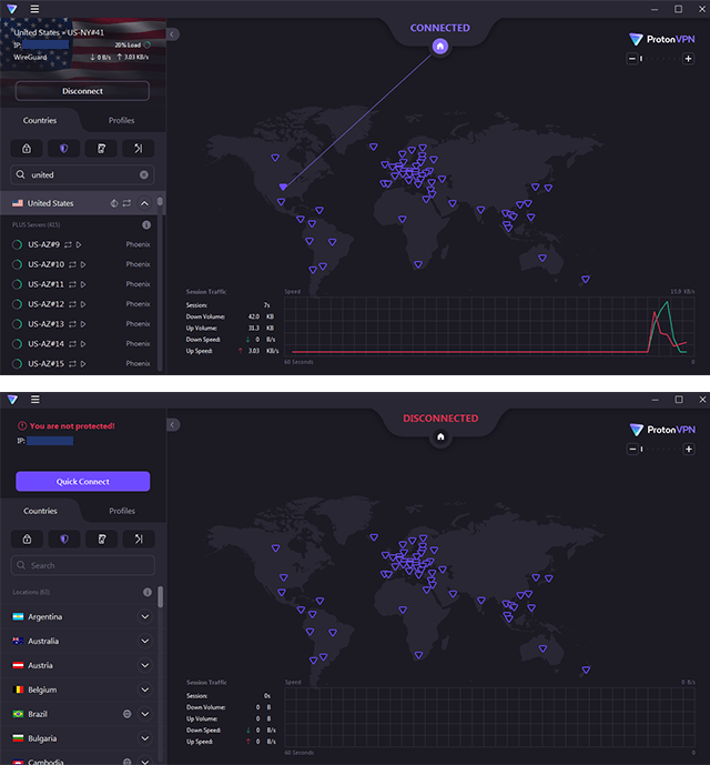 Screenshot of Proton VPN, client connected/disconnected