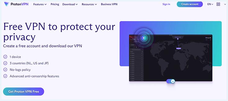 The Proton VPN homepage, showing you can get a free account.