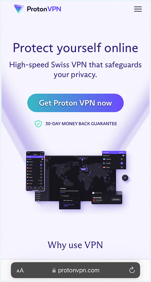 A screenshot of the ProtonVPN homepage on iPhone.