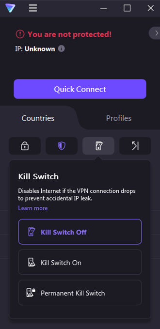 Screenshot of Proton VPN, kill switch