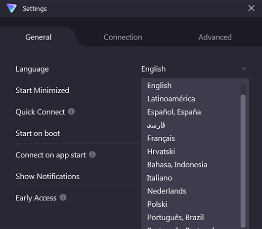 Screenshot of Proton VPN, languages