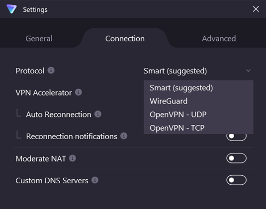 Screenshot of Proton VPN, Protocols