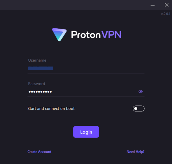 Screenshot of Proton VPN, screen after installation