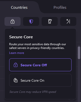 Screenshot of Proton VPN, Secure core