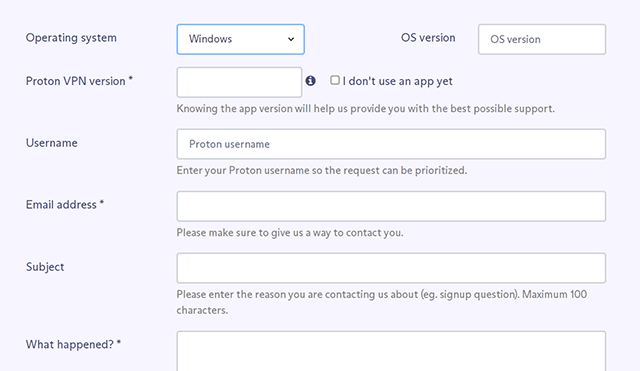 Screenshot of Proton VPN, ticket system