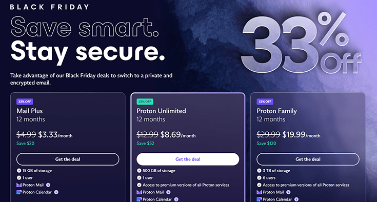 A screenshot of the ProtonMail Black Friday Deals.