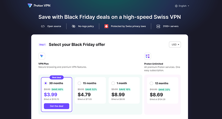 A screenshot of the ProtonVPN Black Friday offer.