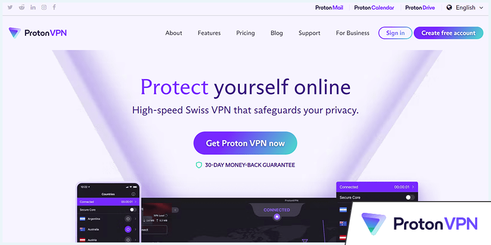 Screenshot of ProtonVPN homepage