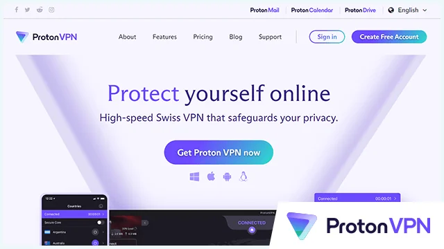 Screenshot of ProtonVPN, website homepage