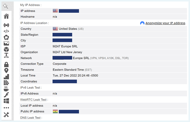 Screenshot of Psiphon VPN, IP leaks