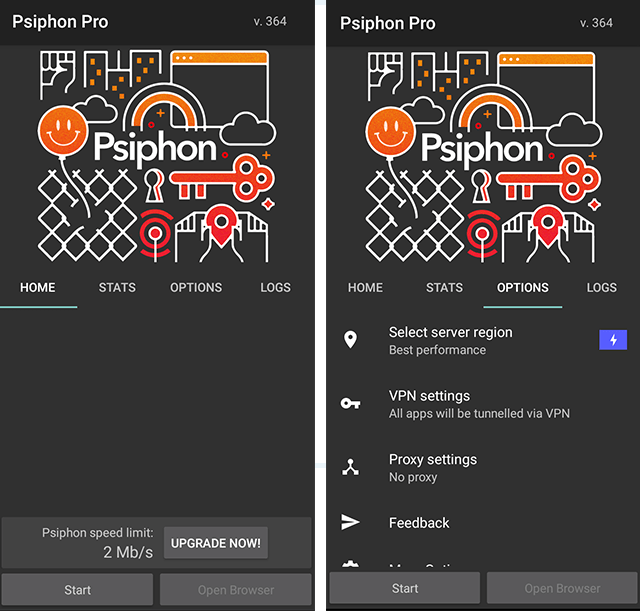 Screenshot of Psiphon VPN, options