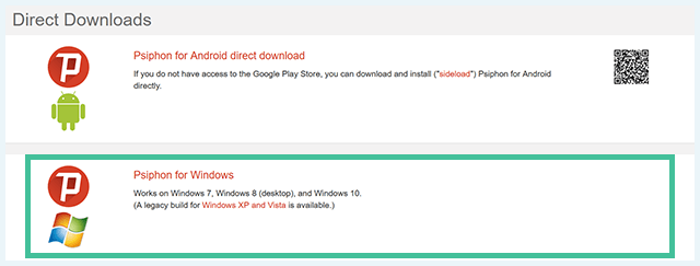 Screenshot of Psiphon VPN, direct downloads