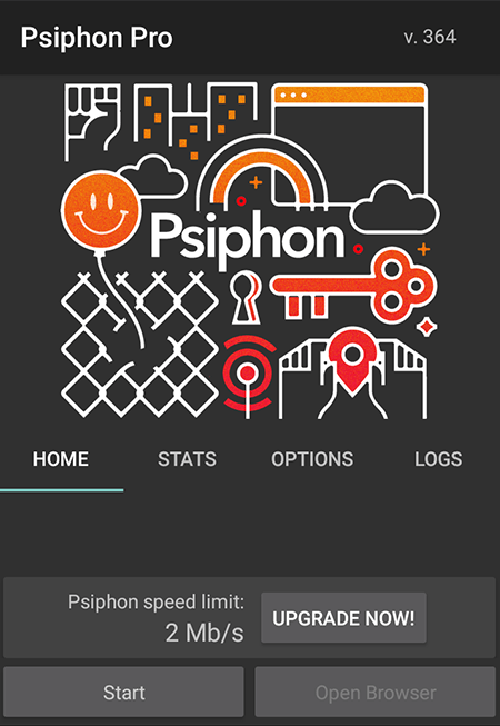 Screenshot of Psiphon VPN, mobile speed limit 2 MB