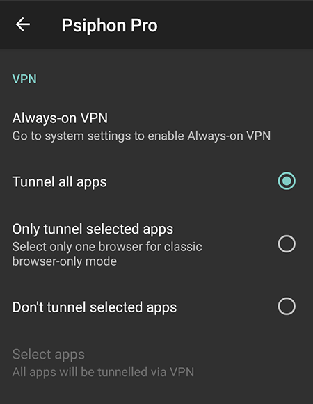 Screenshot of Psiphon VPN, split tunneling, mobile