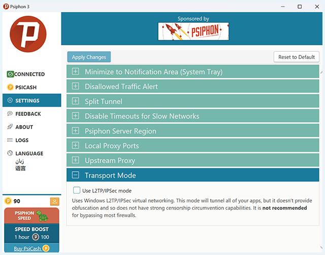 Screenshot of Psiphon VPN, transport mode L2TP-IPSec