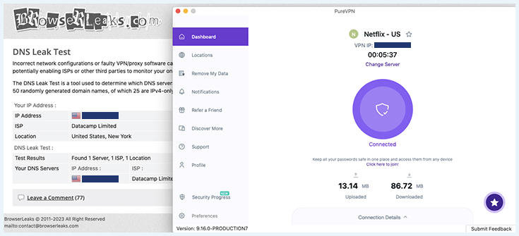 Screenshot showing PureVPN passing a DNS leak test