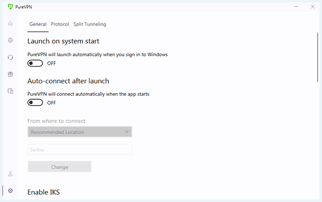 Screenshot of PureVPN, general settings