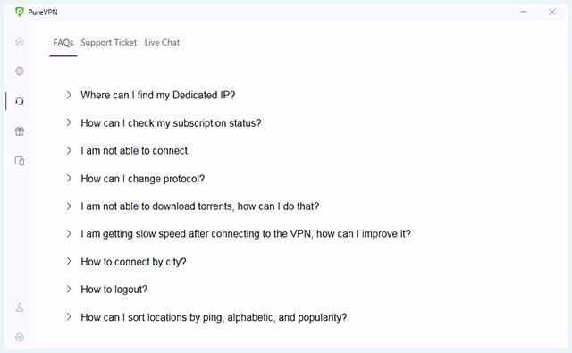 Screenshot of PureVPN, in app Customer Support
